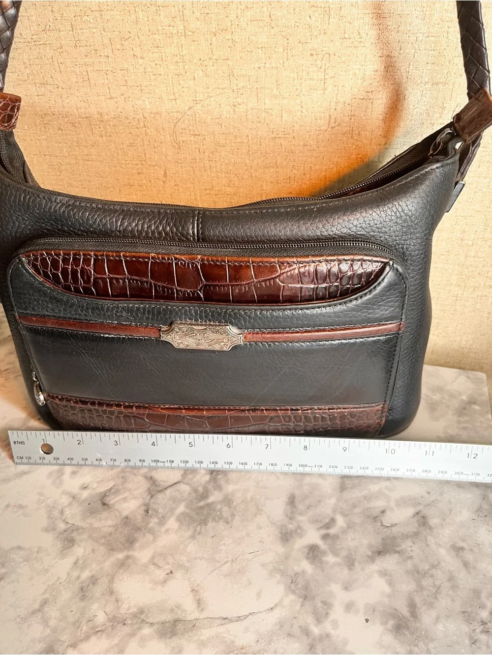 Brighton Black and Brown Croc-Accent Leather Messenger Bag